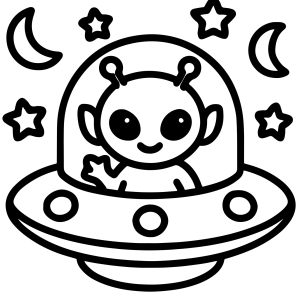 Alienígena no disco voador sob a lua e as estrelas para colorir