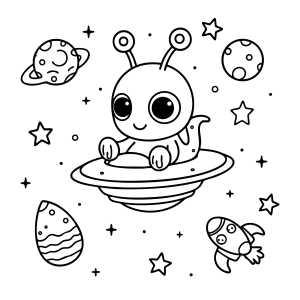 Alienígena pilotando o disco voador entre planetas para colorir