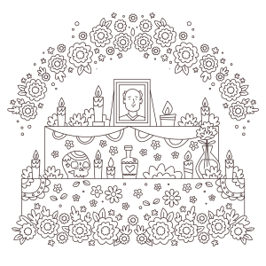 Altar coberto de flores de cempasúchil para colorir