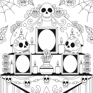 Altar com caveiras, teias e velas para colorir