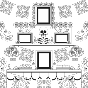 Altar com esqueleto e porta-retratos para colorir
