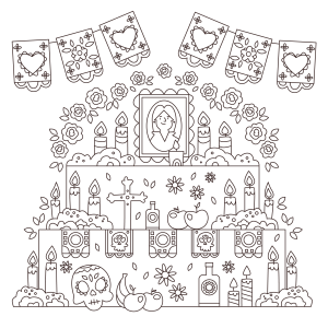 Altar do Dia dos Mortos cheio de flores e velas para colorir