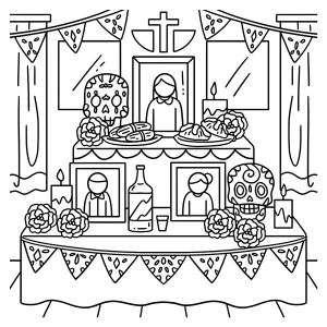 Altar grande com bandeirinhas e retratos para colorir