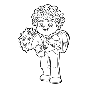 Aluno levando flores para a professora para colorir