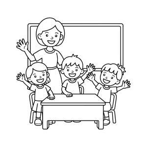 Alunos felizes abraçando a professora para colorir
