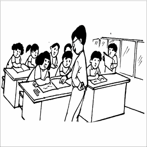 Alunos na sala de aula com a professora para colorir