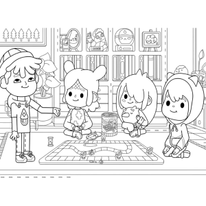 Amigos do Toca Boca brincando na sala para colorir