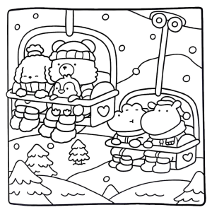 Amigos no teleférico da montanha de neve para colorir