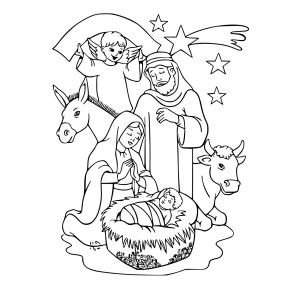 Anjo anunciando o nascimento sobre a Sagrada Família para colorir