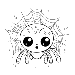 Aranhinha kawaii com teia e estrelas para colorir