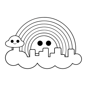 Arco-íris sobre a cidade entre nuvens para colorir