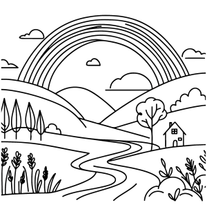 Arco-íris sobre as colinas e a casinha no campo para colorir