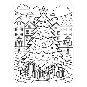 Árvore de Natal na praça da cidade para colorir