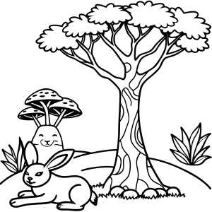 Árvore frondosa com coelho e cogumelos para colorir