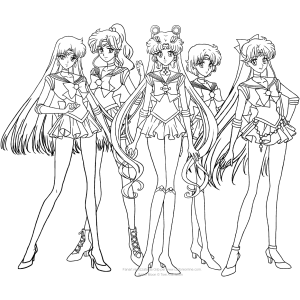 As cinco Guerreiras Sailor em pose de equipe para colorir