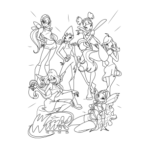 As fadas do Winx Club reunidas em pose de grupo para colorir