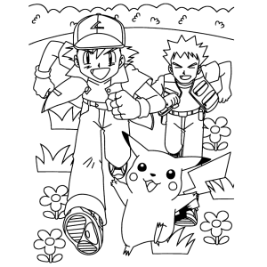 Ash, Brock e Pikachu na aventura para colorir