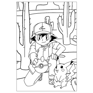 Ash e Pikachu no deserto para colorir