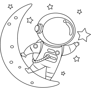 Astronauta abraçando a lua crescente para colorir