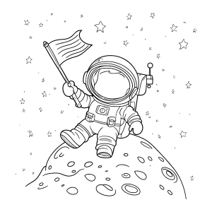 Astronauta fincando a bandeira na lua para colorir