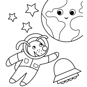 Astronauta flutuando perto da Terra e de um disco voador para colorir