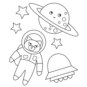 Astronauta, planeta e disco voador no espaço para colorir
