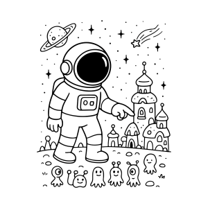 Astronauta visitando a cidade dos alienígenas para colorir