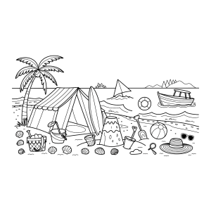 Barraca de camping na praia para colorir