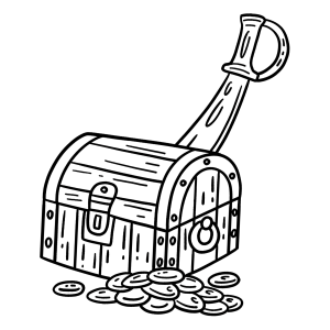 Baú de tesouro aberto com moedas e espada para colorir