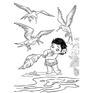 Bebê Moana com as gaivotas para colorir