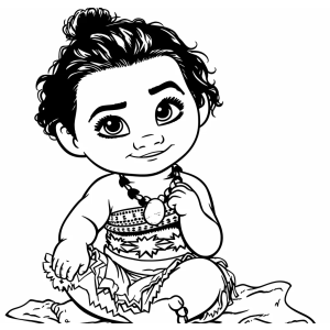 Bebê Moana sentada na areia para colorir
