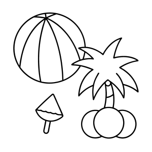 Bola de praia, coqueiro e sorvete para colorir