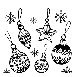 Bolas e estrela de Natal entre flocos de neve para colorir