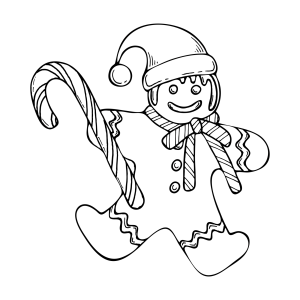 Boneco de gengibre de gorro segurando uma bengala doce para colorir
