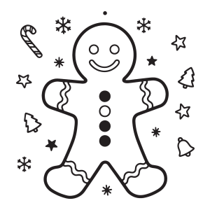 Boneco de gengibre entre estrelas e flocos de neve para colorir