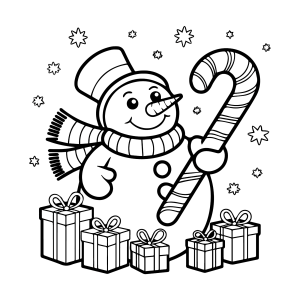 Boneco de neve com bengala doce e presentes para colorir