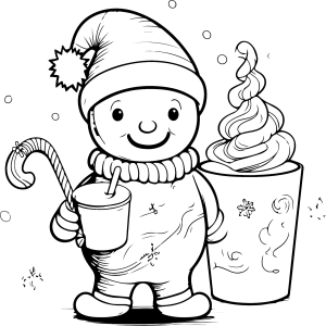 Boneco de neve com caneca de chocolate quente para colorir