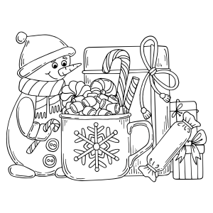 Boneco de neve com doces e caneca de Natal para colorir