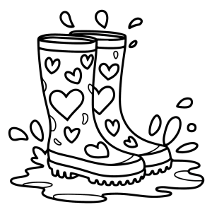 Botas de chuva com corações na poça para colorir