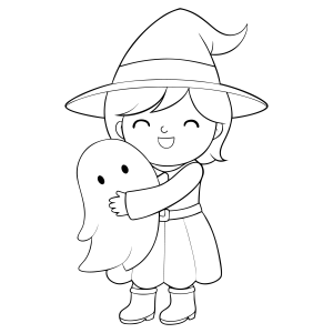 Bruxinha abraçando um fantasminha para colorir