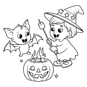 Bruxinha com morceguinhos ao redor da abóbora para colorir
