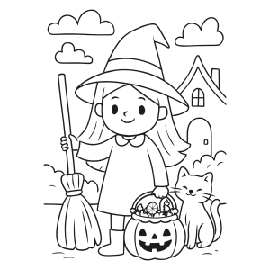 Bruxinha com seu gatinho para colorir