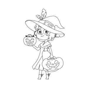 Bruxinha de vestido estrelado com a abóbora de doces para colorir
