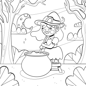 Bruxinha mexendo o caldeirão na floresta para colorir