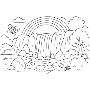 Cachoeira com arco-íris e borboletas para colorir