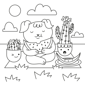 Cachorrinho com melancia e cactos para colorir