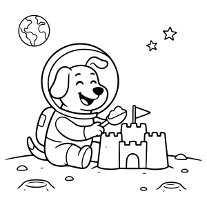 Cachorro astronauta fazendo castelo de areia na lua para colorir