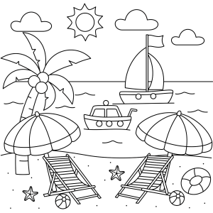 Cadeiras de praia com veleiros ao fundo para colorir