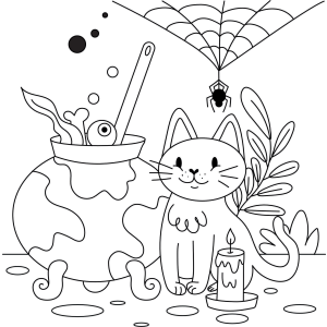 Caldeirão com teia de aranha e gatinho para colorir