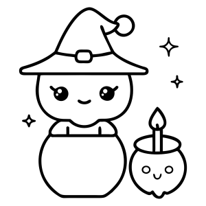 Caldeirãozinho kawaii com vela para colorir
